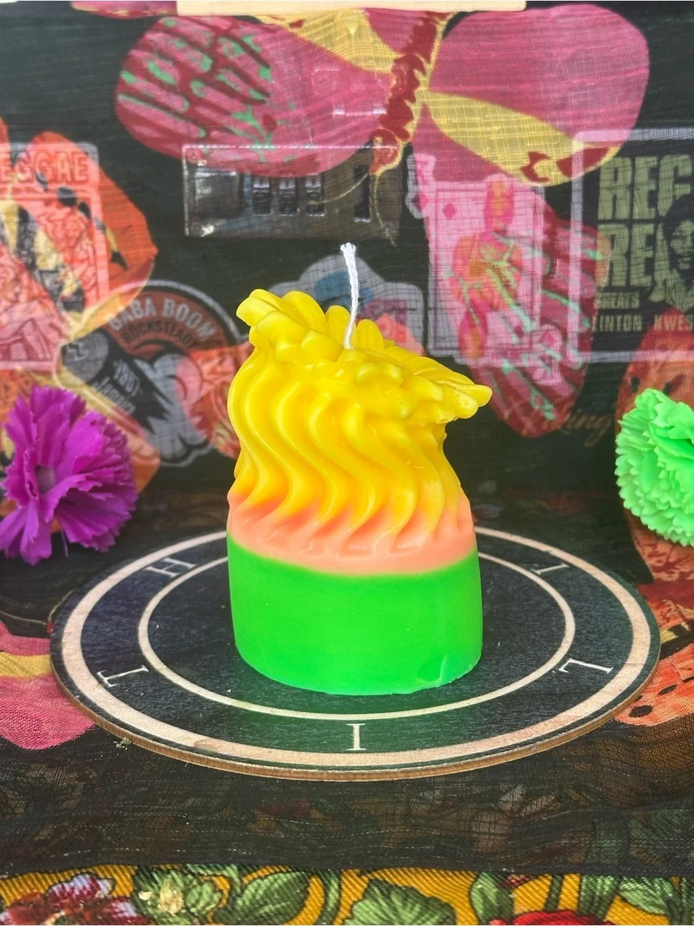 Handmade Sunflower Pillar Candle – Bright Yellow, Peach & Green Floral Candle